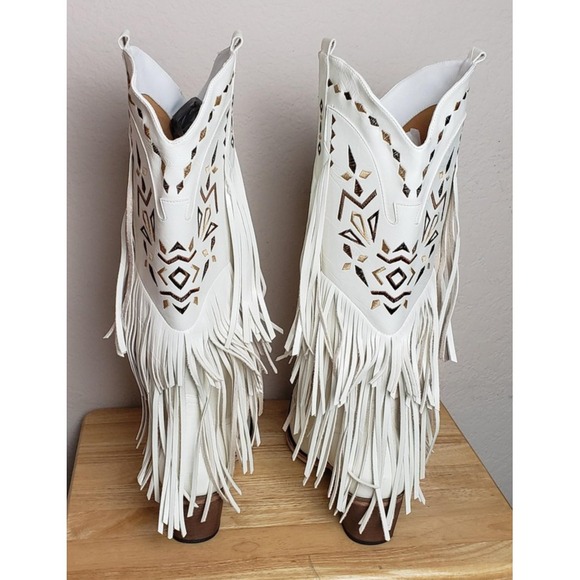 Western Cowboy Boots Faux Womens White Fringe Embroidered Festival Rodeo US 13M - Picture 3 of 7